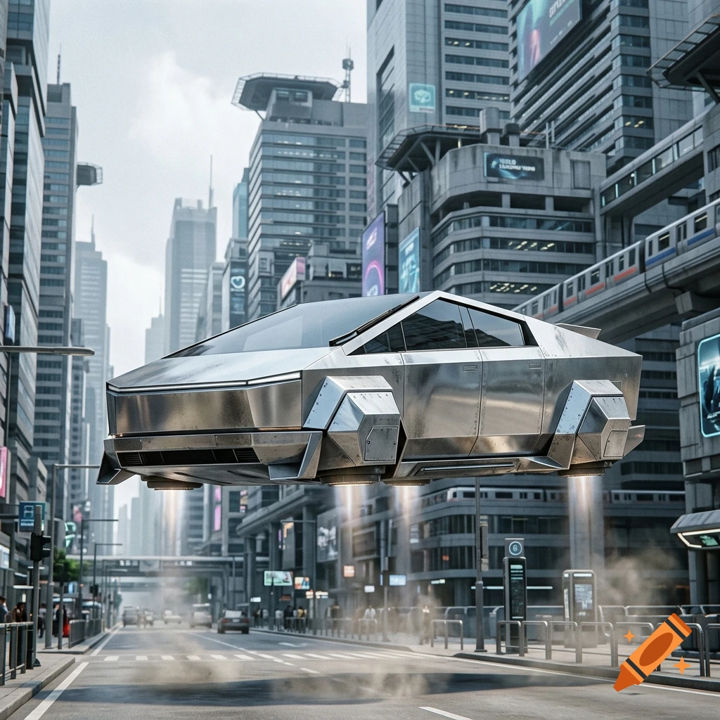 Photorealistic image of a futuristic silver flying car resembling a Cybertruck hovering above a city street surrounded by skyscrapers.