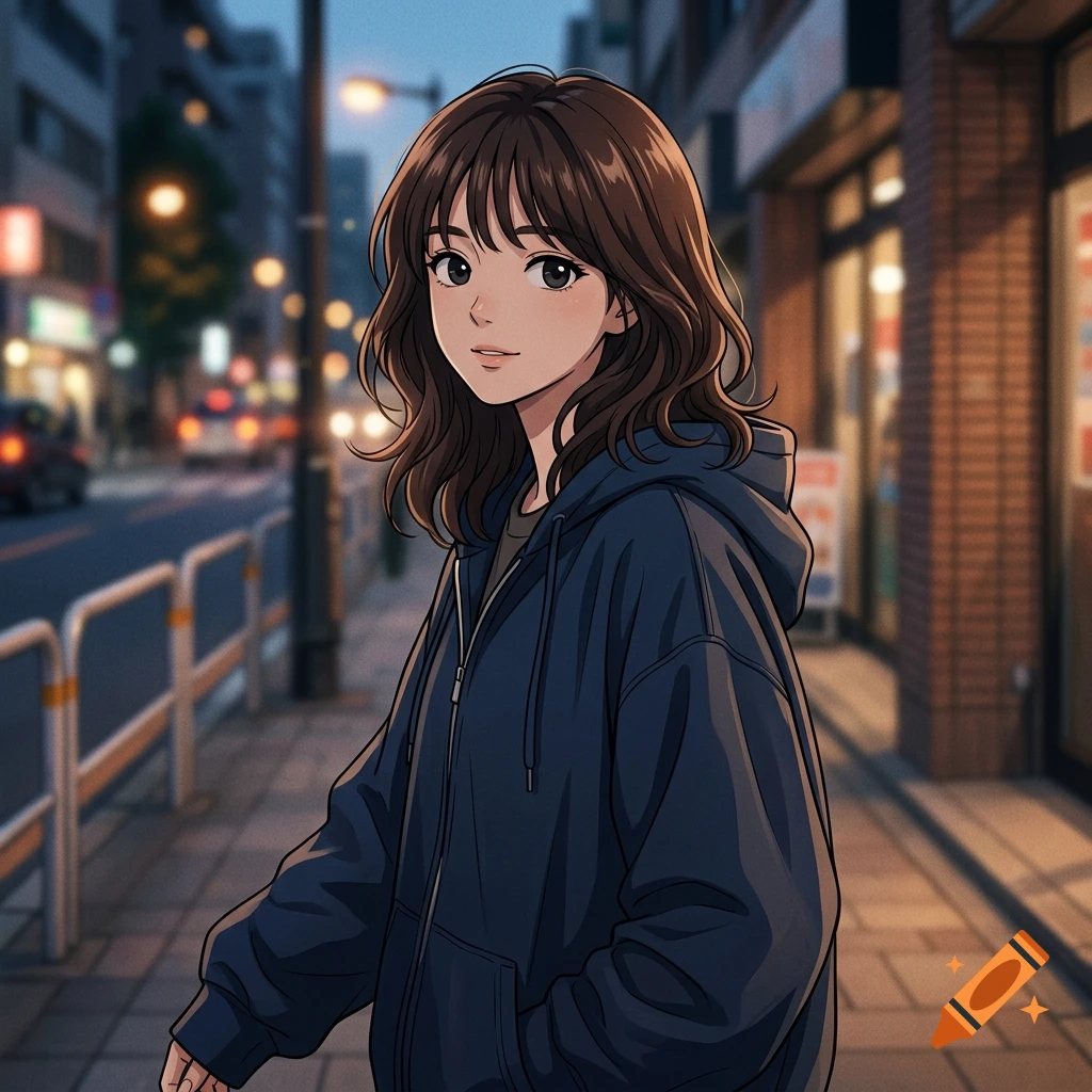 Anime-style illustration of a smiling young woman with brown hair, wearing a dark blue hoodie on a city street at dusk.