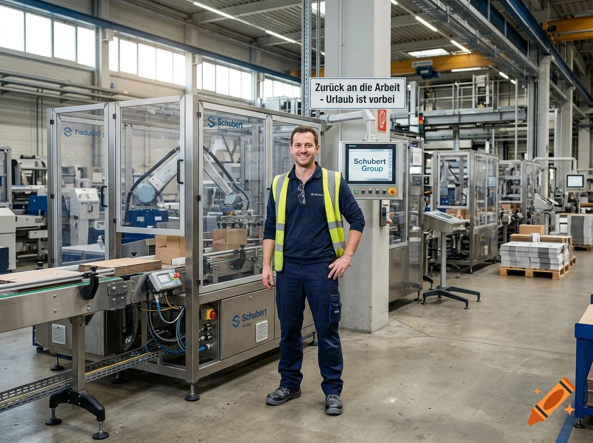 Photorealistic image of a male worker in a safety vest standing inside a modern factory with packaging machinery.