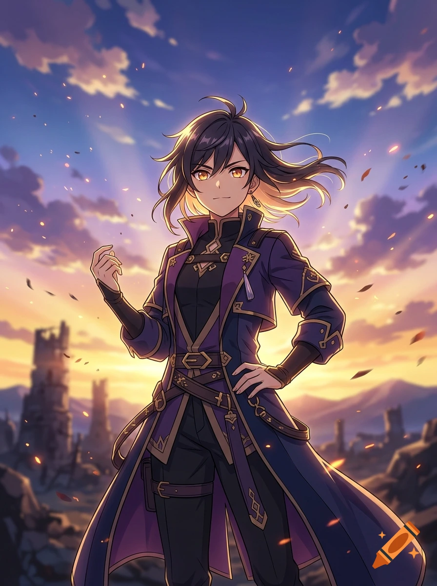 Anime style illustration of an adventurous character with dark hair and golden eyes wearing a purple jacket against a sunset sky with ruins.