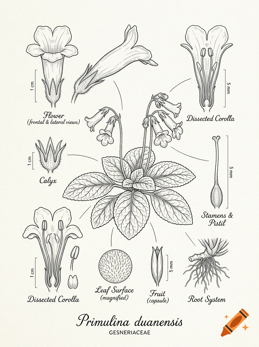 Botanical line drawing of Primulina duanensis showing plant, flower, leaves, and anatomical parts with scientific labels.