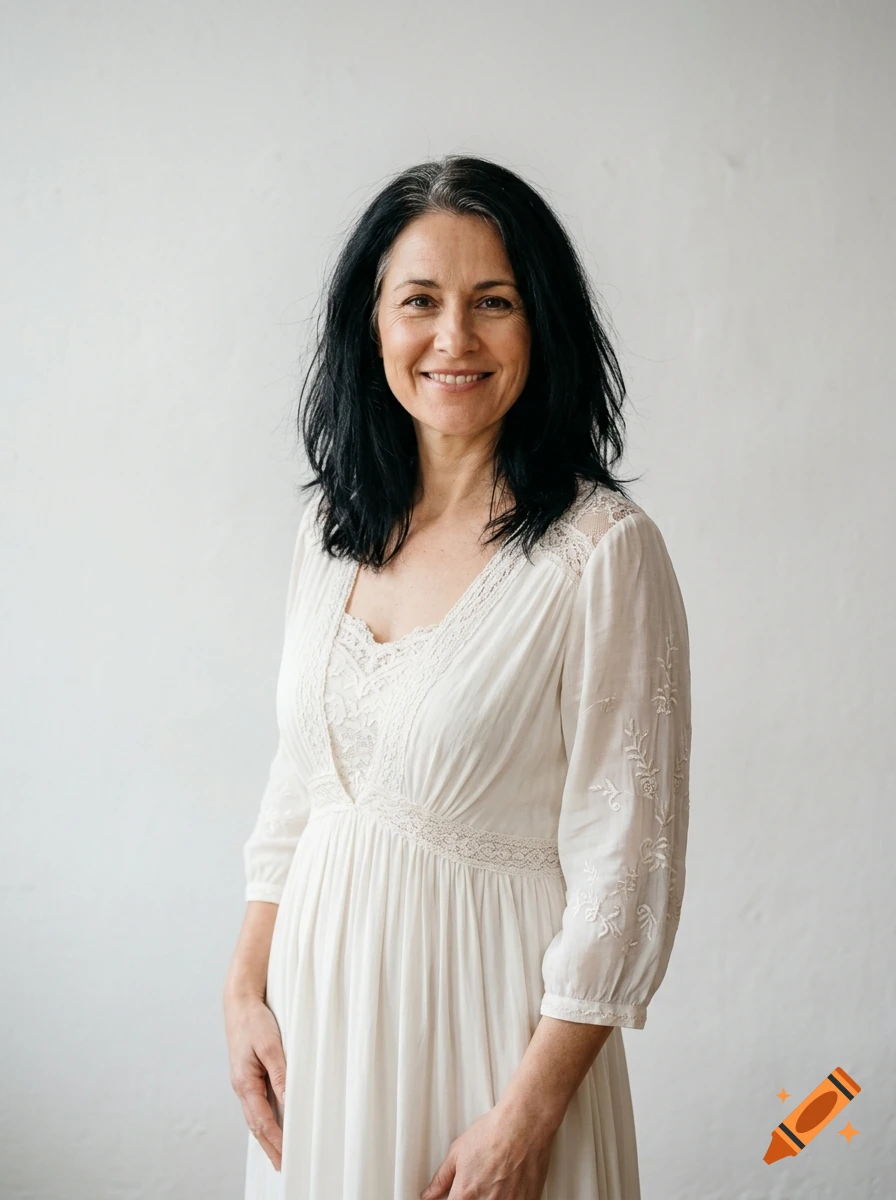 Photorealistic portrait of a smiling woman with dark hair and a grey streak wearing a white boho-style lace dress against a plain white wall.