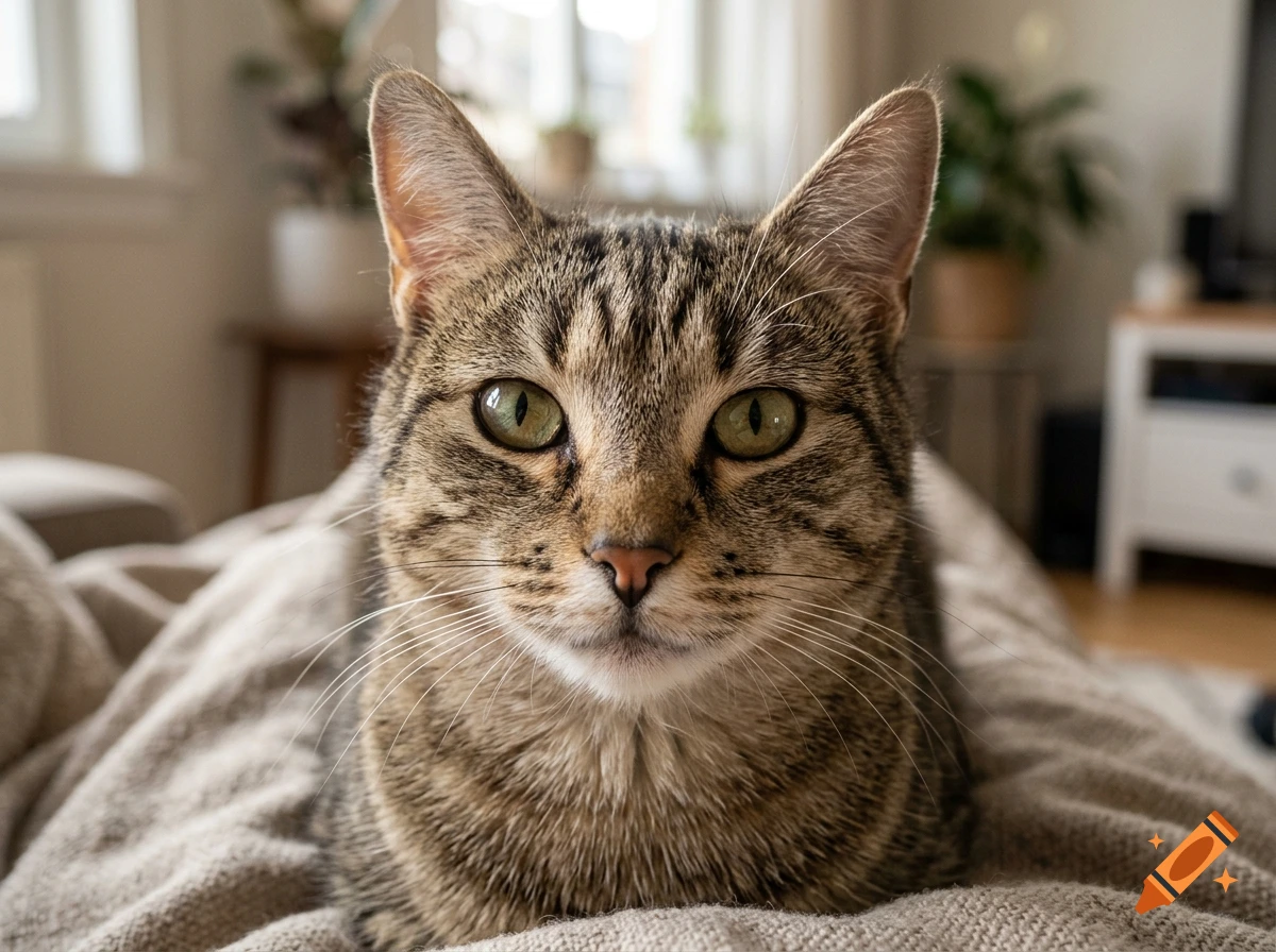 Close-up photorealistic shot of a tabby cat resting on a blanket indoors.
