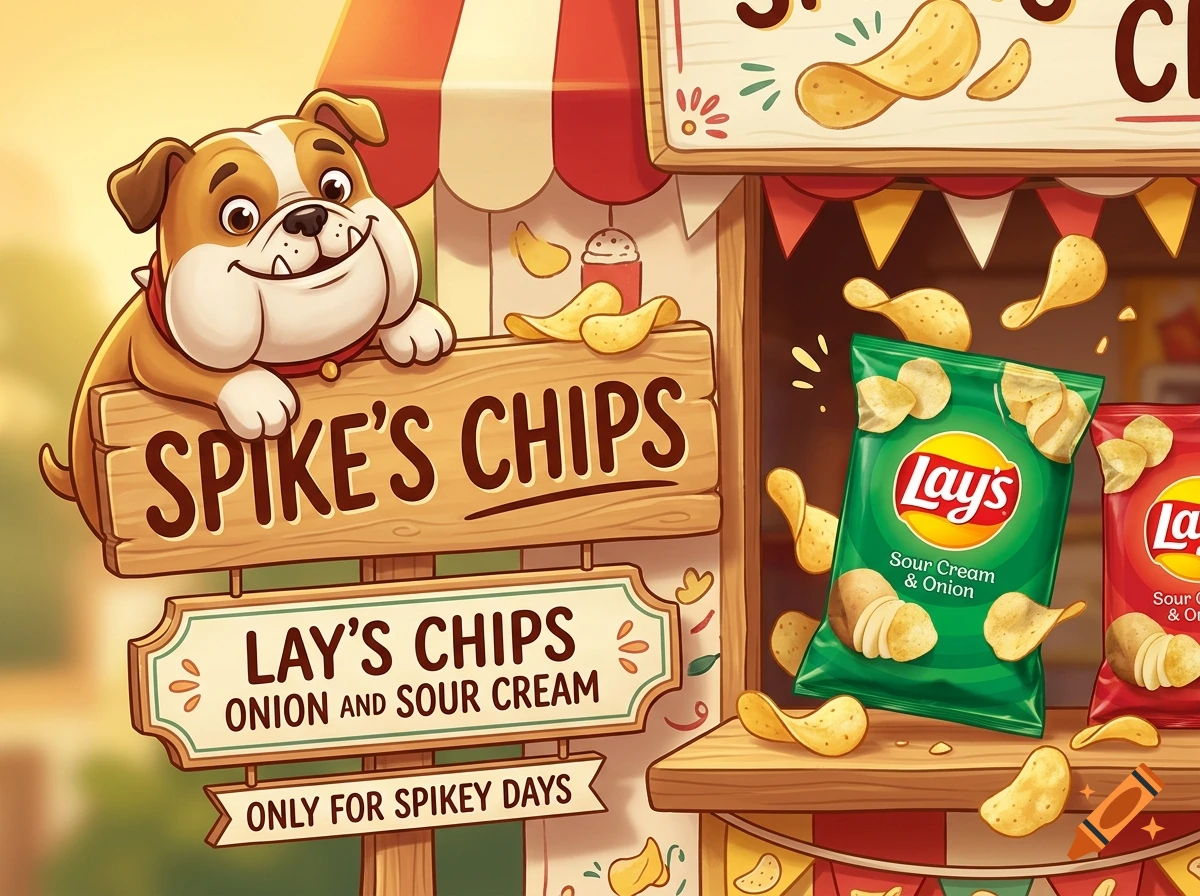Digital illustration of a bulldog next to a wooden sign reading 'Spike's Chips' and bags of potato chips.
