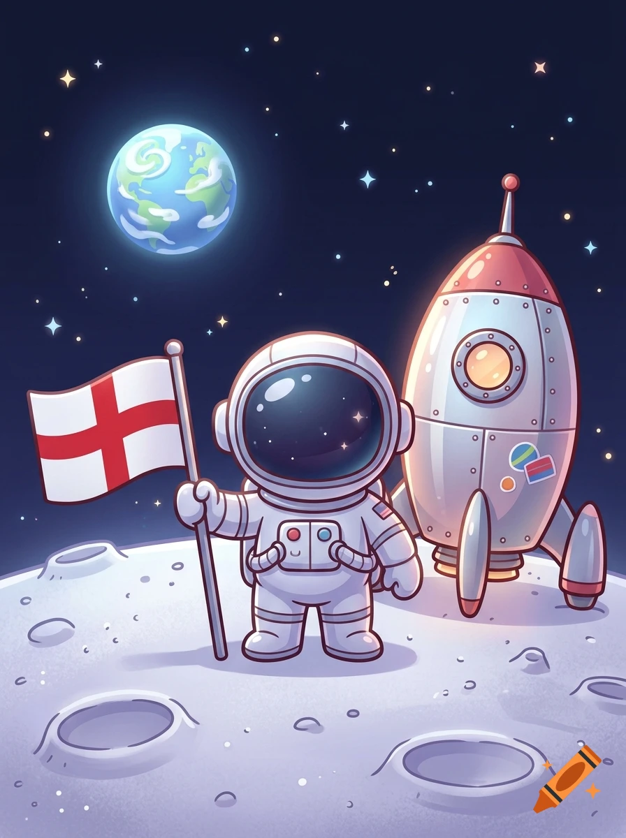 A kawaii cartoon astronaut holding the flag of England on the moon next to a small rocket ship in space.