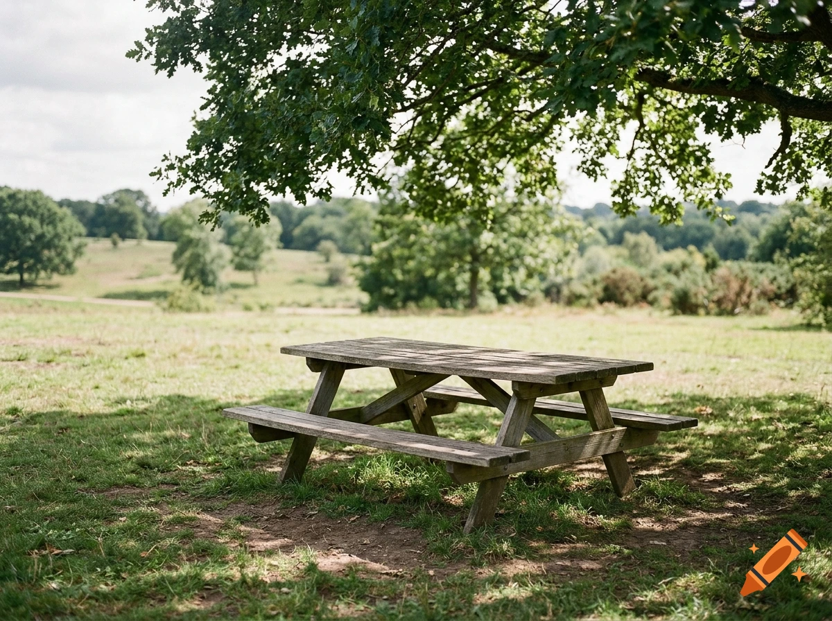 Wooden picnic table in a grassy field beneath a large leafy tree.