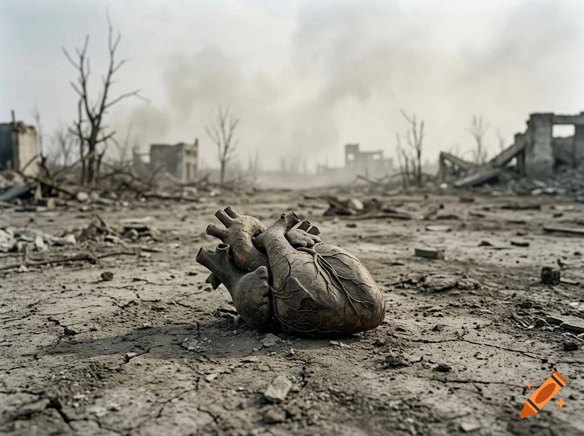 A photorealistic, giant dead heart sitting on cracked, barren earth in a desolate, war-torn landscape under an overcast sky.