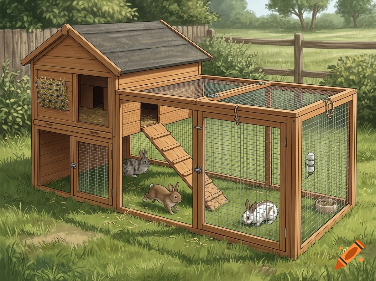 Digital illustration of a wooden rabbit hutch and run on a grassy lawn with three rabbits inside.