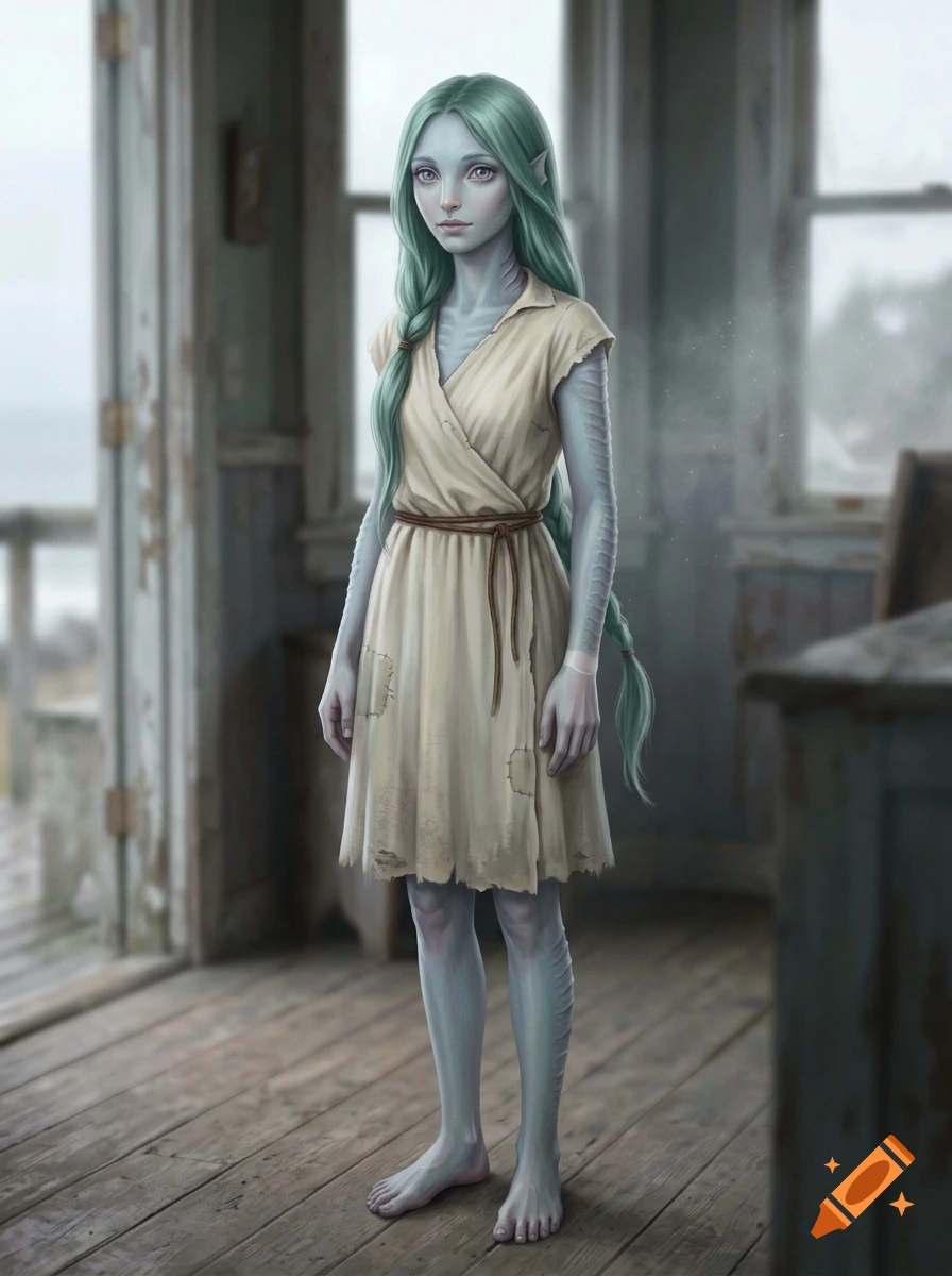 Full-body digital painting of a slender humanoid female with pale blue skin, seafoam green hair, and a simple cream wrap dress standing in a rustic room.