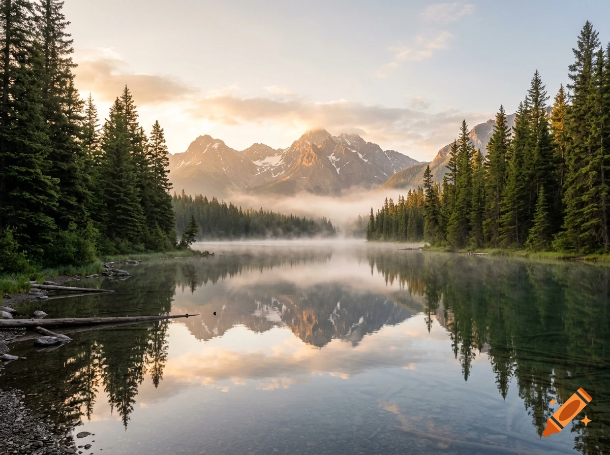 A serene landscape featuring a calm lake reflecting towering snow-dusted mountains and dense pine forests under a misty morning sky.