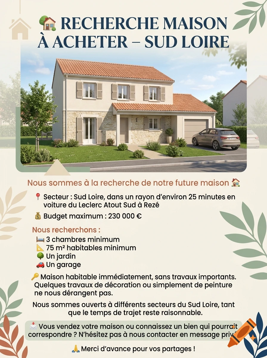 Real estate advertisement flyer with a house illustration and property search details in French.