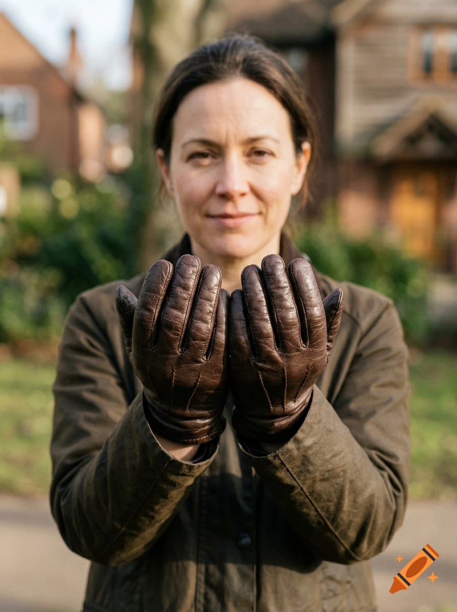 A woman wearing a brown jacket and leather gloves holds out cupped hands in front of a blurred suburban house.