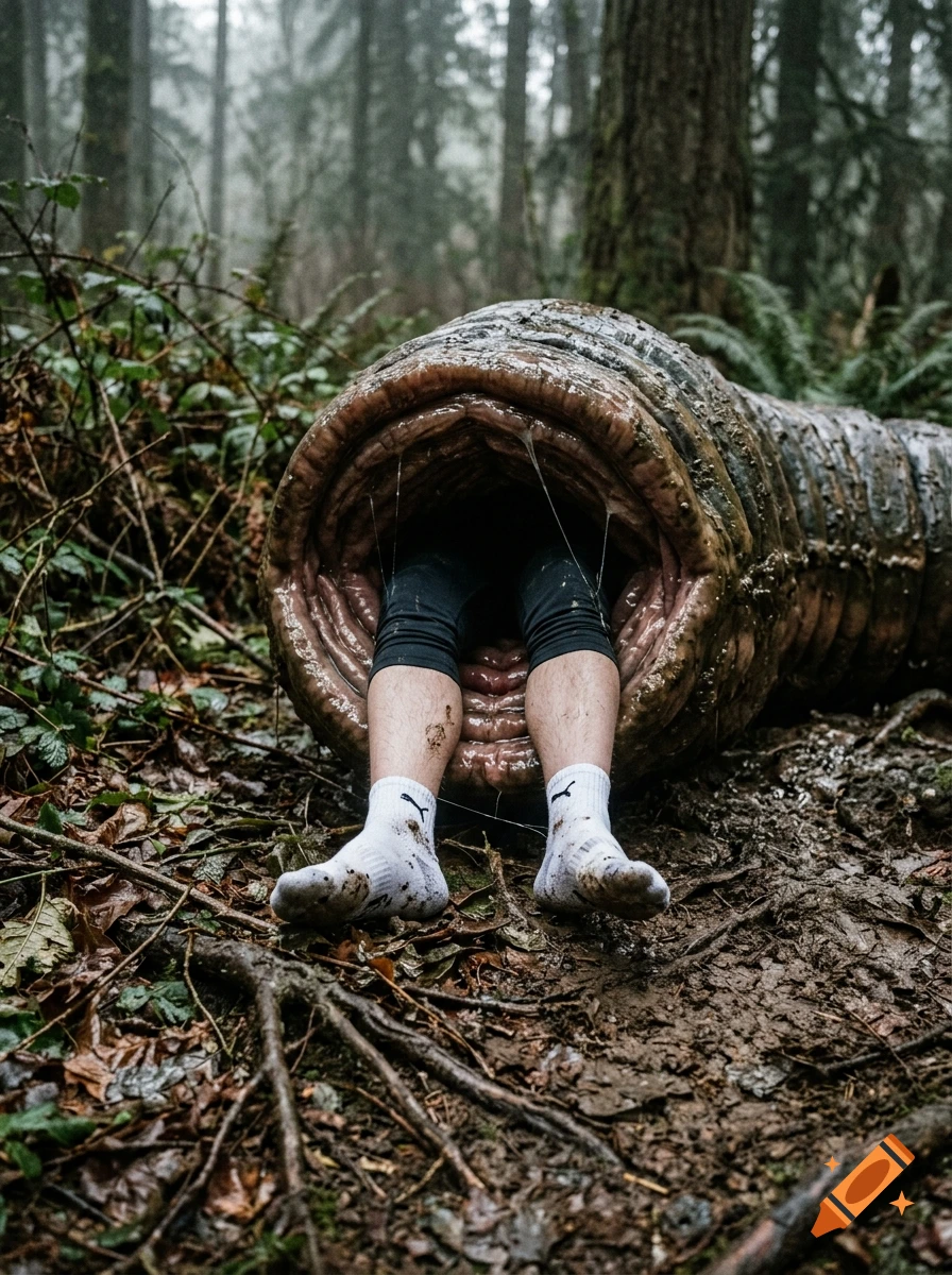 Photorealistic image of legs wearing Puma socks sticking out of the mouth of a giant worm in a forest.
