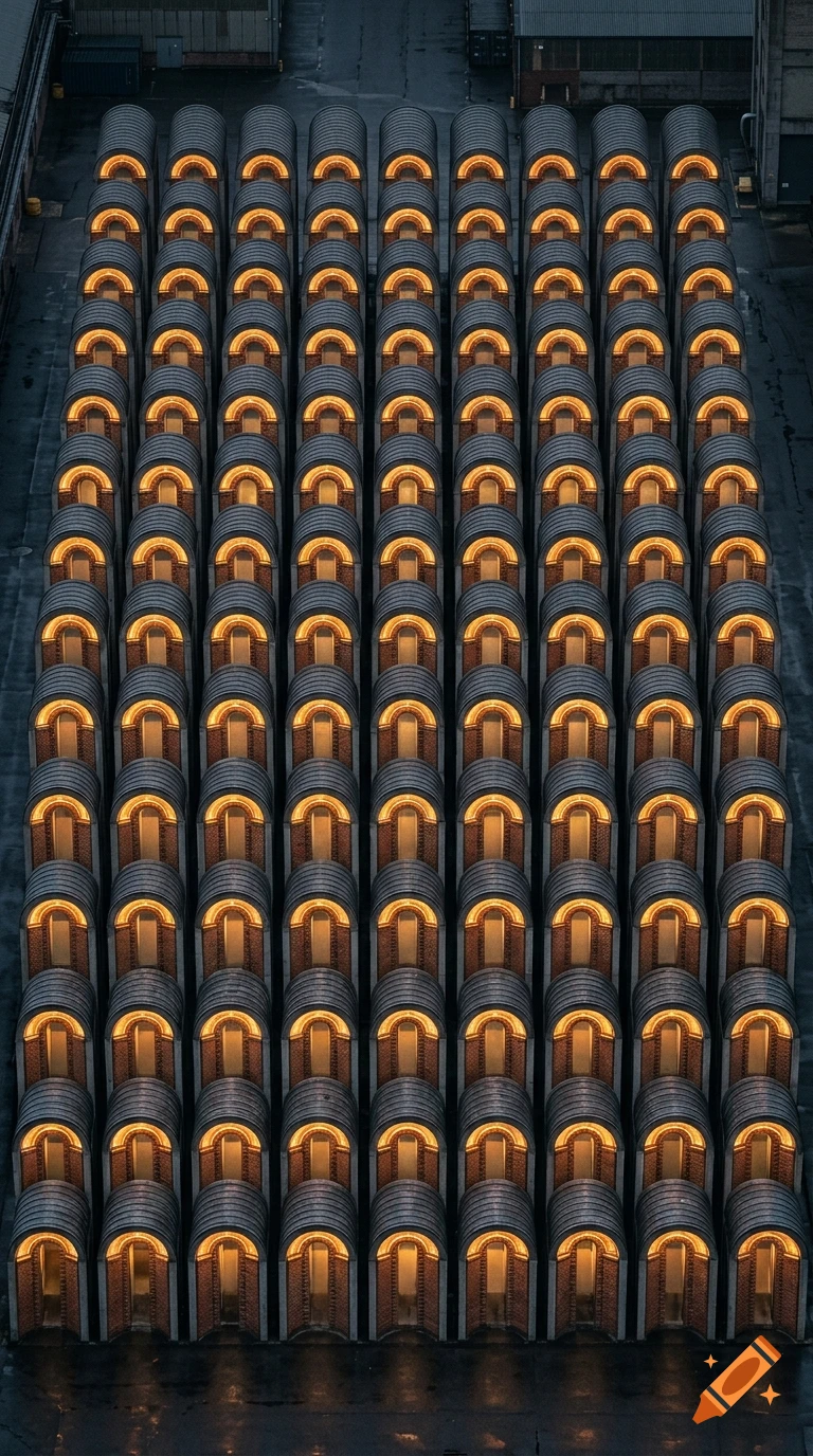 High-angle view of a symmetrical grid of repeating arched industrial structures with glowing amber lights.