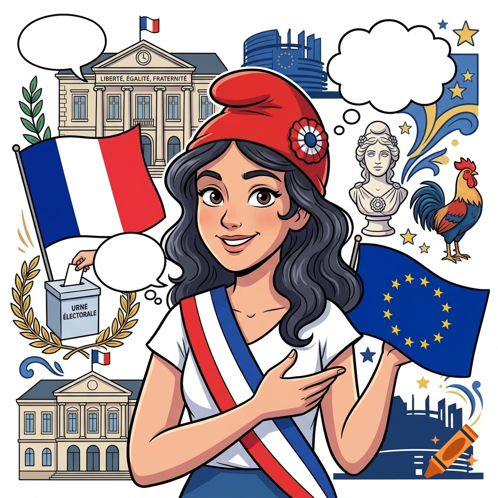 Comic style illustration of Marianne wearing a Phrygian cap with French and European flags, government buildings, and voting urn.