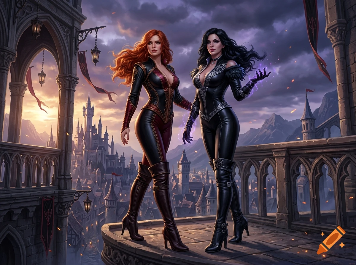 Two women in fantasy outfits with long boots standing on a stone balcony overlooking a medieval city with a castle during a cloudy sunset.
