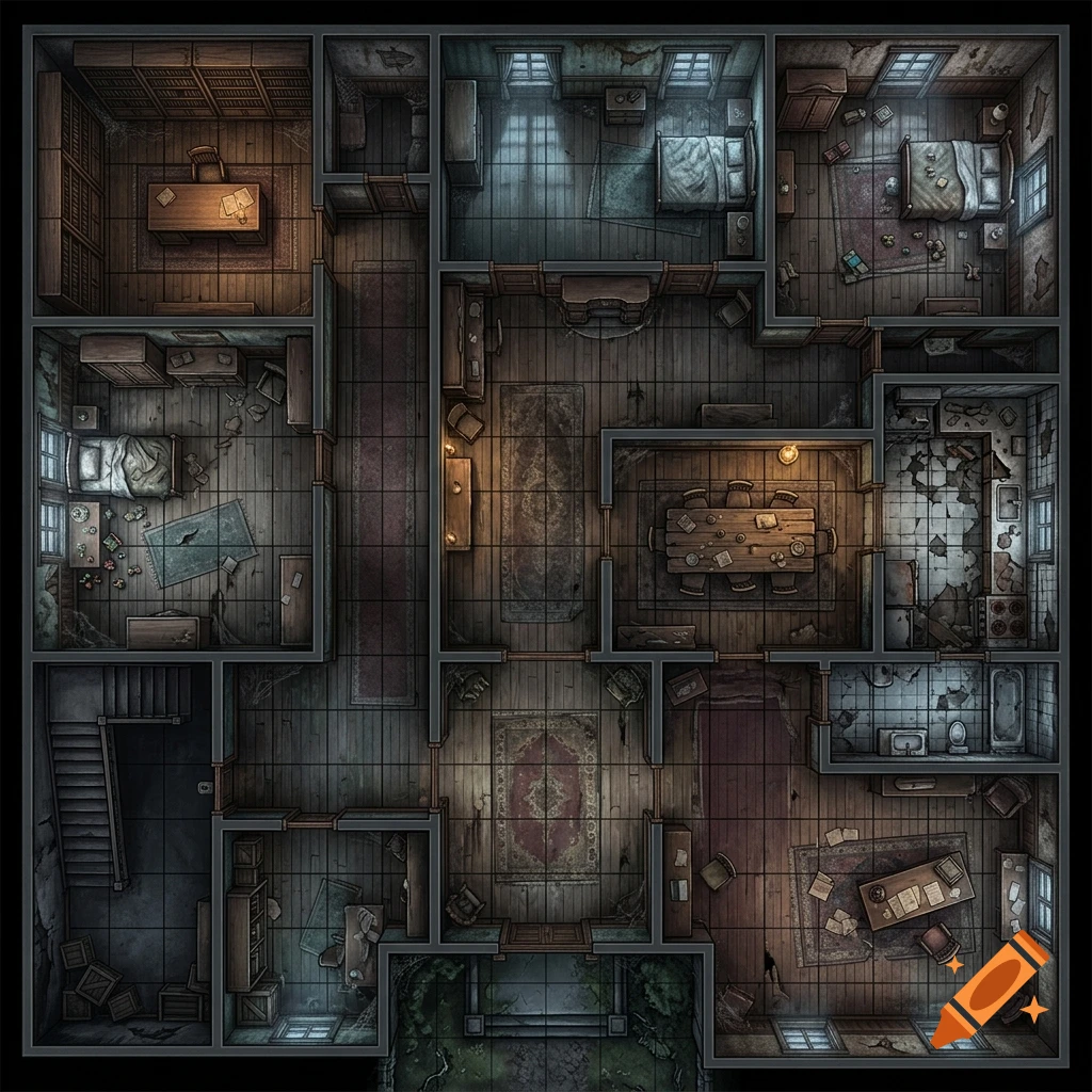 Top-down view of a dark gothic Victorian mansion interior floor plan for a board game, featuring interconnected rooms and corridors.