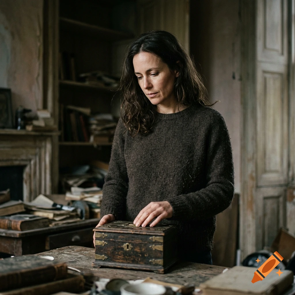 Photorealistic image of a woman with dark wavy hair touching a wooden box in a rustic room filled with old books.