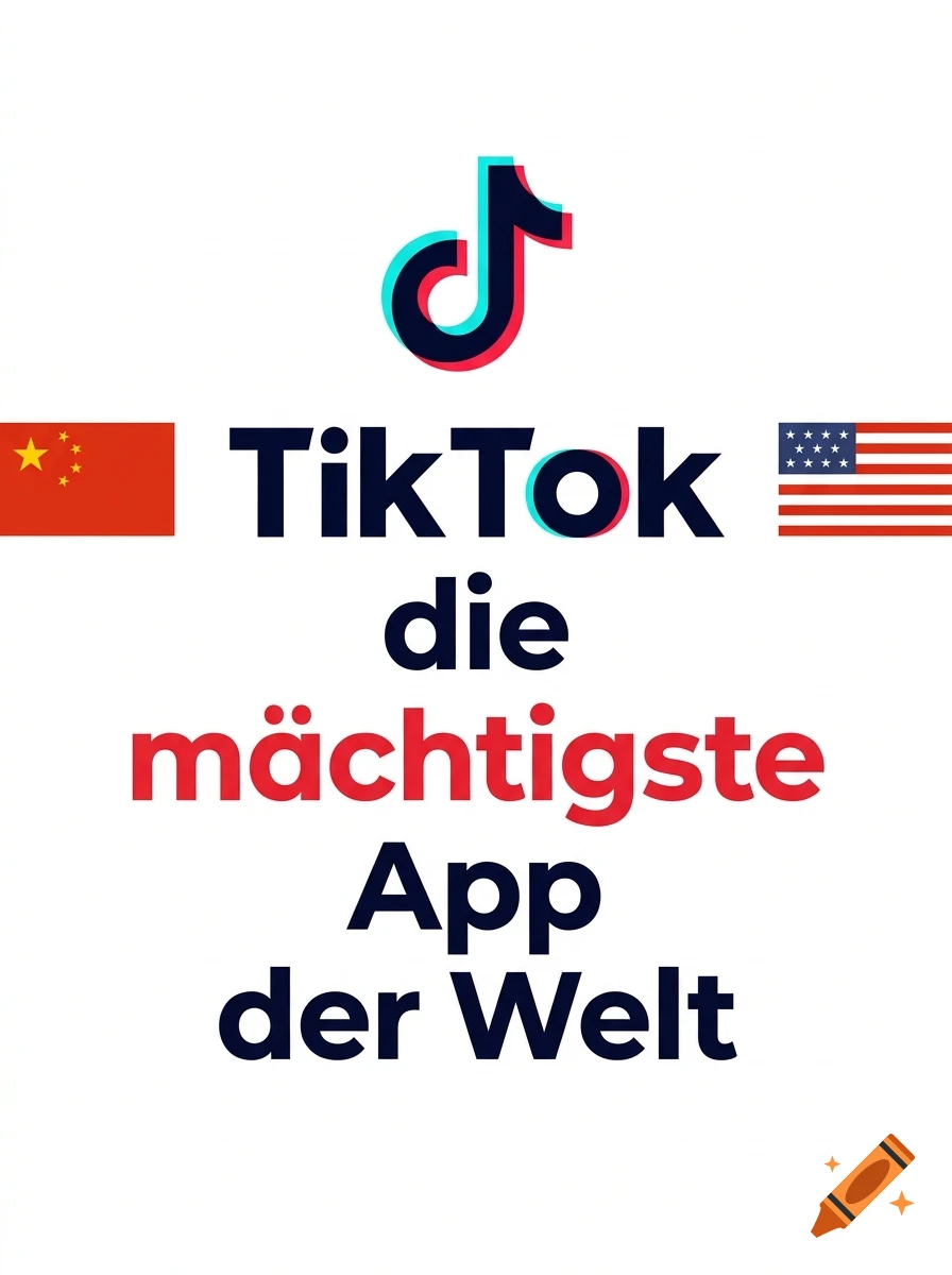 Poster featuring the TikTok logo, Chinese flag, US flag, and German text reading TikTok die mächtigste App der Welt.