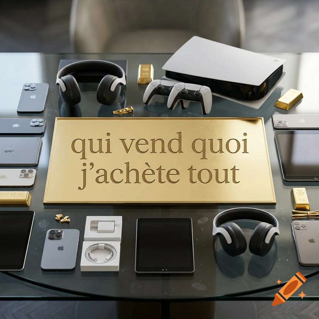 Photorealistic arrangement of various electronic devices, game consoles, and gold bars on a glass table surrounding a central gold plaque with French text.