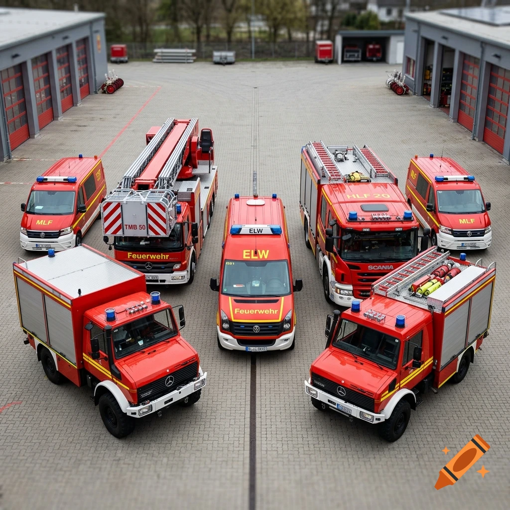 An elevated overhead view of seven red fire trucks and emergency vehicles parked in formation in a paved courtyard in front of a fire station.