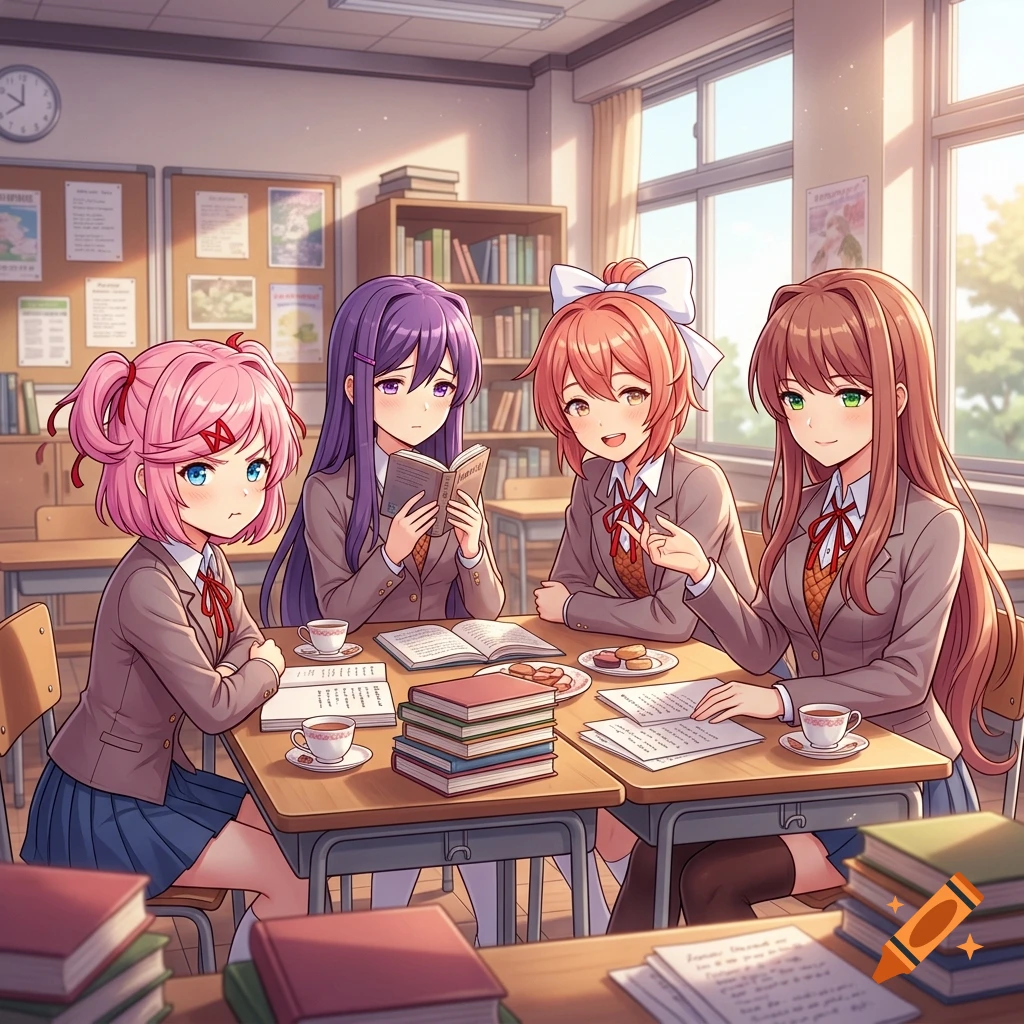 Anime style illustration of four female high school students sitting around a classroom desk with books and teacups.