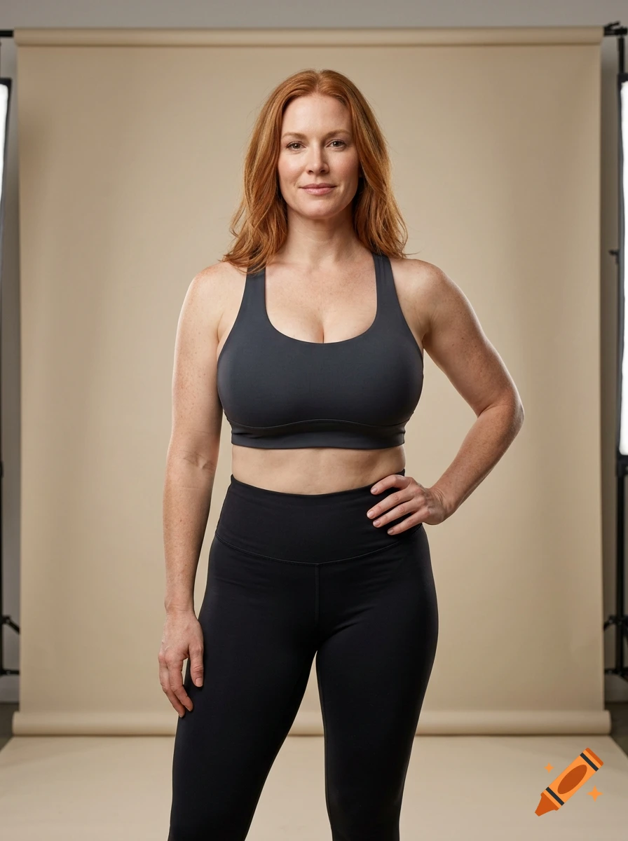 Photorealistic full-body portrait of a red-haired woman in a dark athletic crop top and leggings against a neutral studio backdrop.