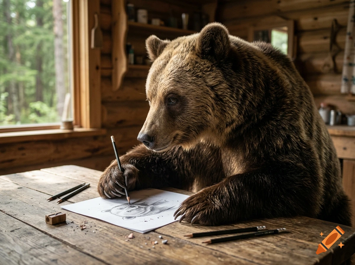 A brown bear sitting at a rustic wooden table inside a cabin, holding a pencil and drawing on a piece of paper.