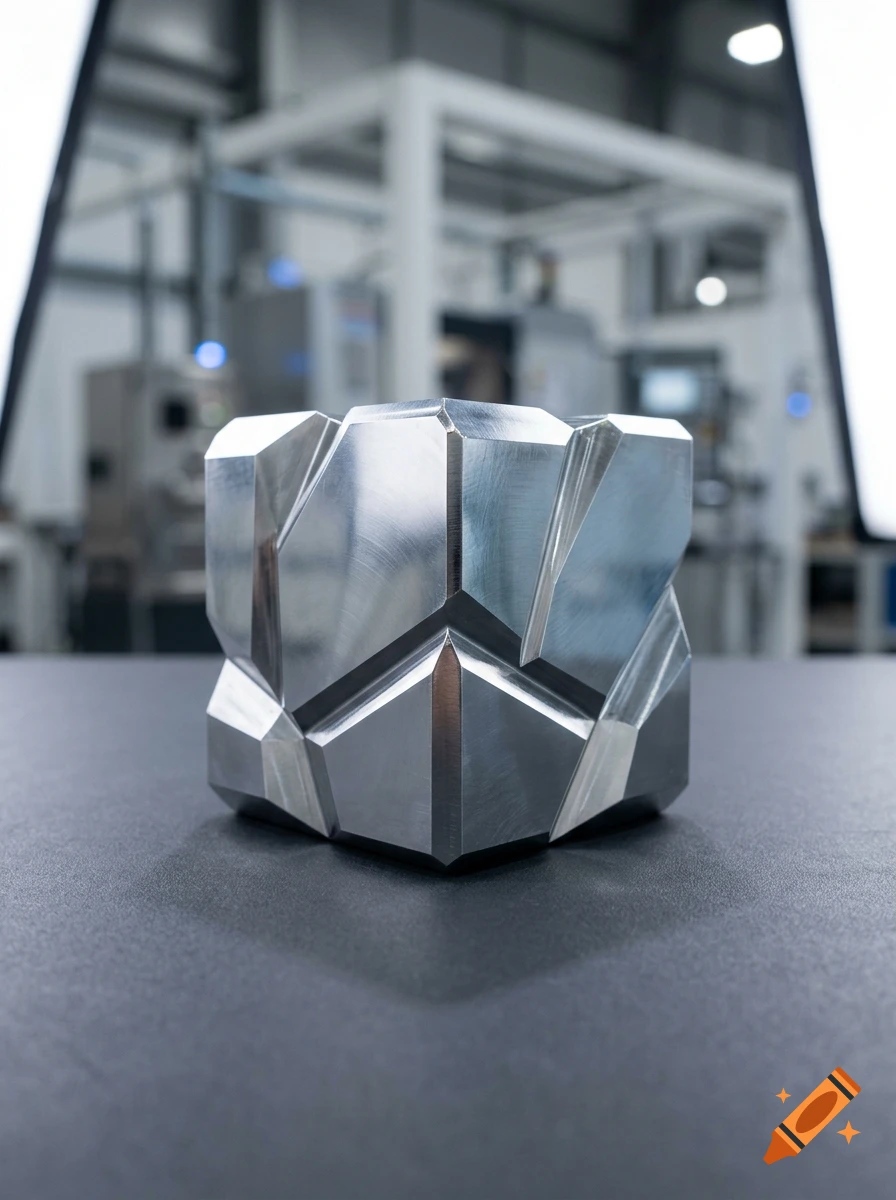 A faceted metallic geometric object resting on a dark surface inside a workshop or manufacturing facility.