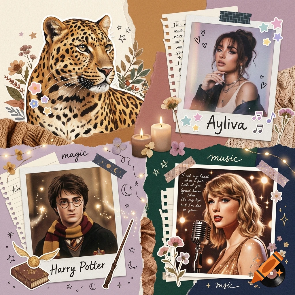 Cozy aesthetic collage featuring a leopard illustration, Taylor Swift, Harry Potter, and Ayliva with vintage paper and floral accents.