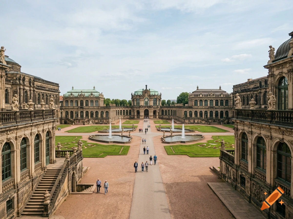 High-angle photorealistic view of the Zwinger palace in Dresden, featuring symmetric baroque buildings, formal gardens, fountains, and visitors walking on paths.