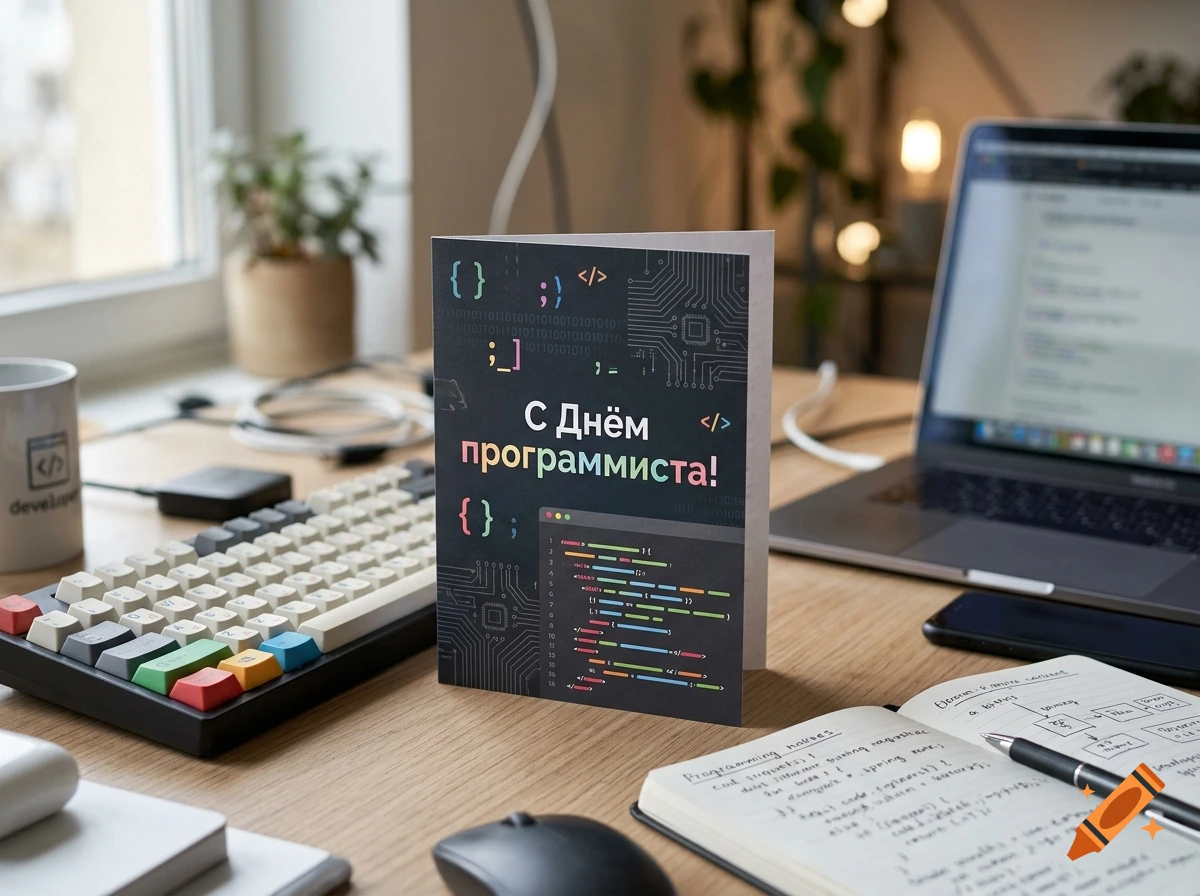 A greeting card with Russian programmer day text and code icons, placed on a wooden desk with a keyboard, laptop, and notebook.