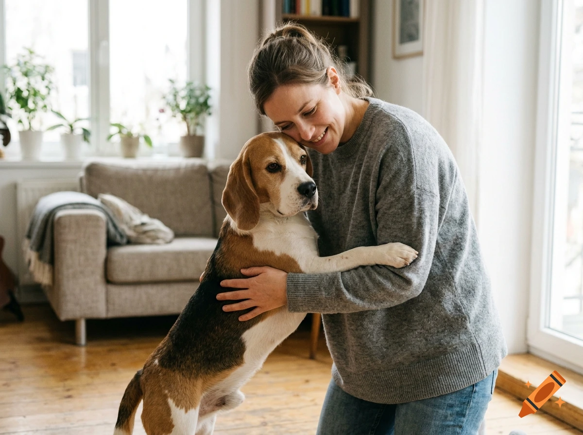 A woman kneeling in a living room, hugging and smiling at a beagle dog standing on its hind legs.