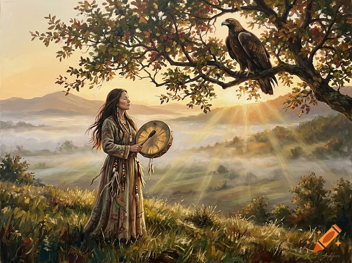 Acrylic painting of a woman in a shamanic dress holding a drum on a grassy hill at sunrise, with an eagle in a tree.