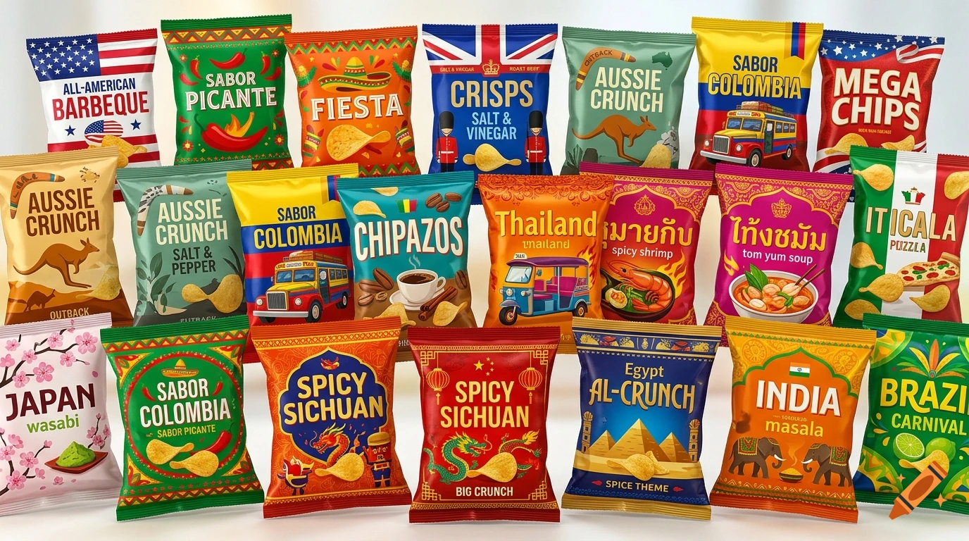 A collection of various international potato chip bags with country-themed designs and text.