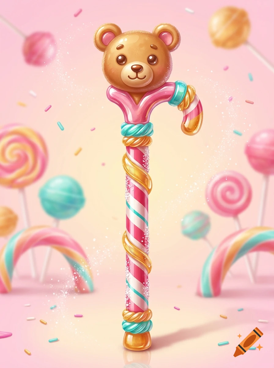 Digital art of a candy cane walking cane topped with a brown teddy bear head, surrounded by lollipops and sprinkles on a pink background.