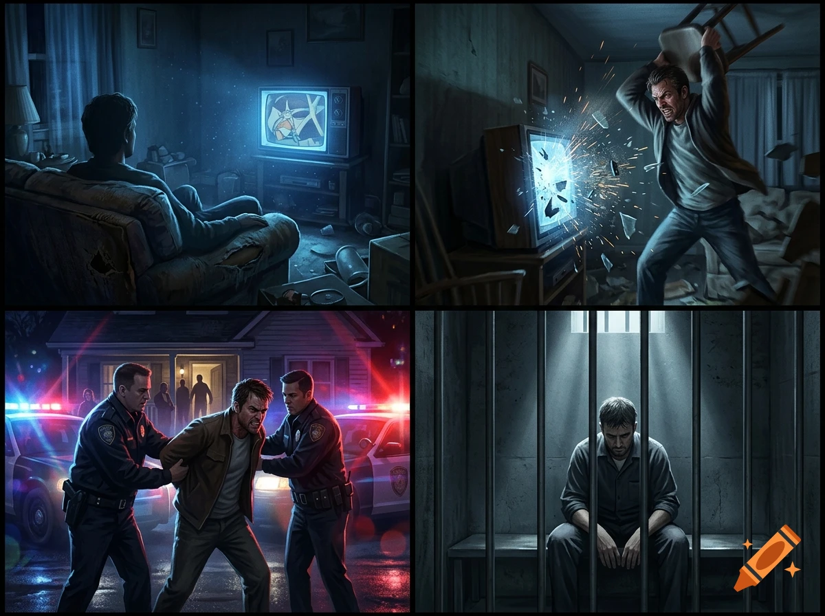 A four-panel comic showing a man watching TV, smashing the TV with a chair, getting arrested by police, and sitting in a prison cell.