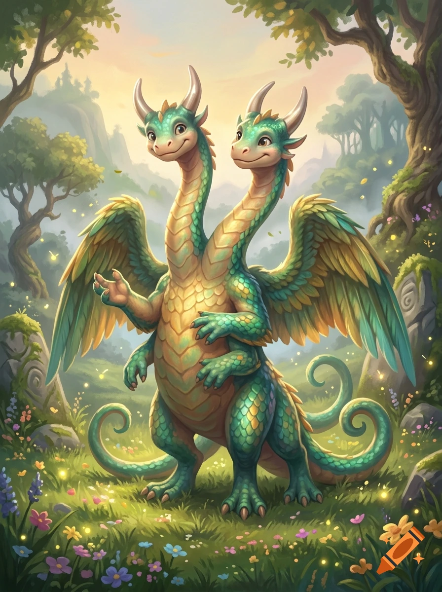 A friendly, multi-limbed and multi-headed fantasy dragon standing in a lush forest clearing, digital painting style.