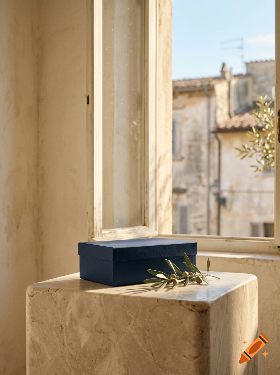 Photorealistic luxury product photography of a deep navy blue box and an olive branch on a marble pedestal against a Mediterranean window view.
