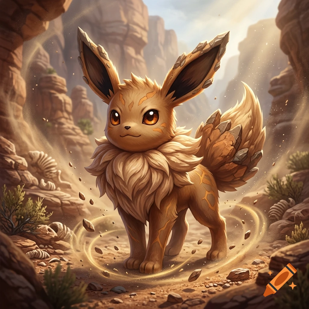 An Eevee-like creature with rock-like accents on its ears and tail stands in a canyon landscape with swirling dust.
