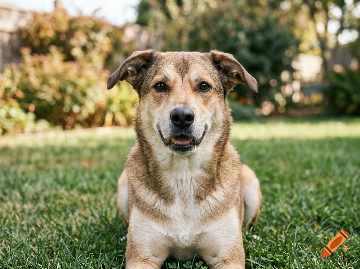 Photorealistic medium shot of a brown dog sitting on green grass in a sunny backyard.