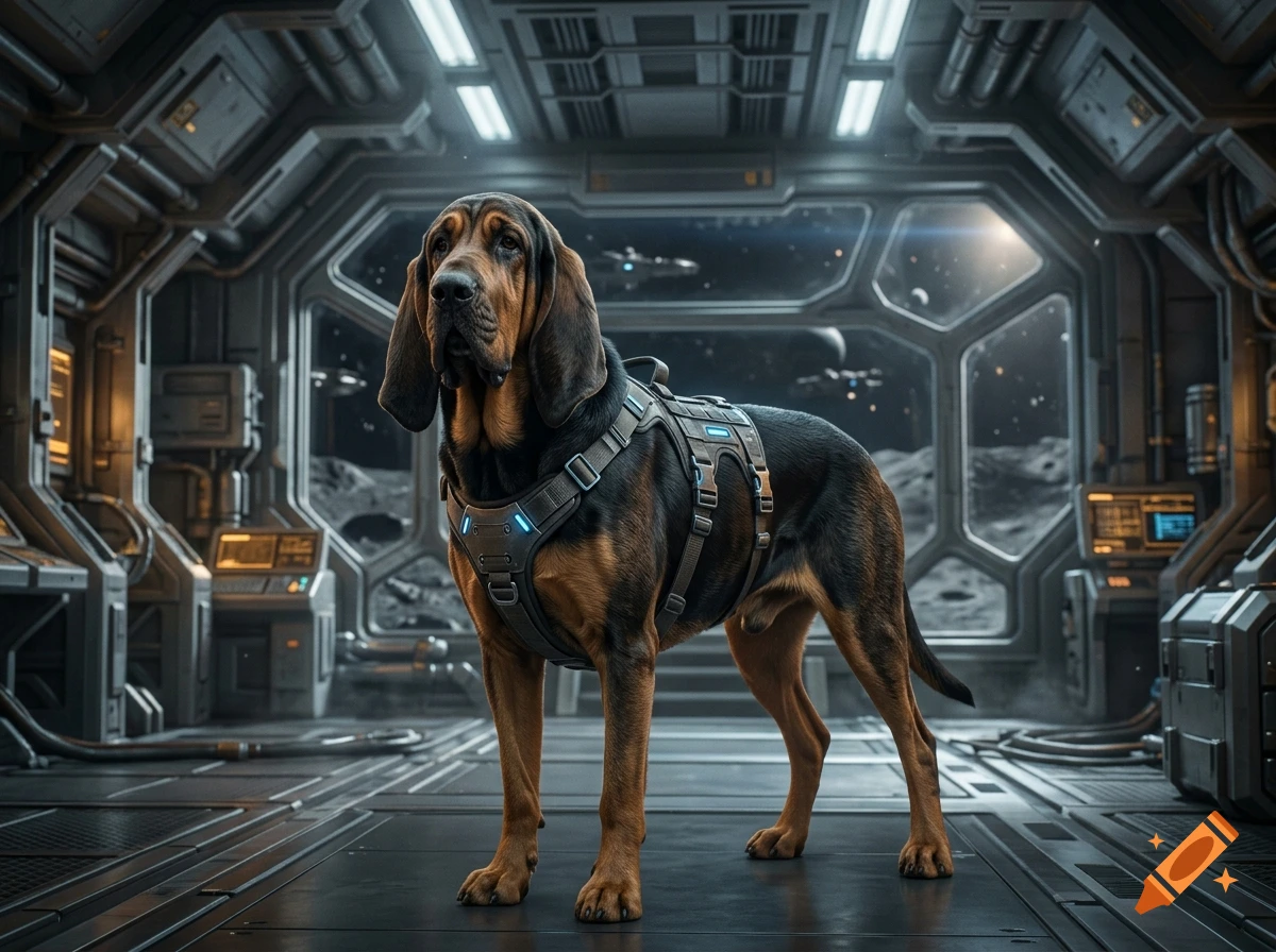A bloodhound wearing a sci-fi tactical harness stands inside a futuristic spaceship cabin, with a view of a moon and space outside the window.