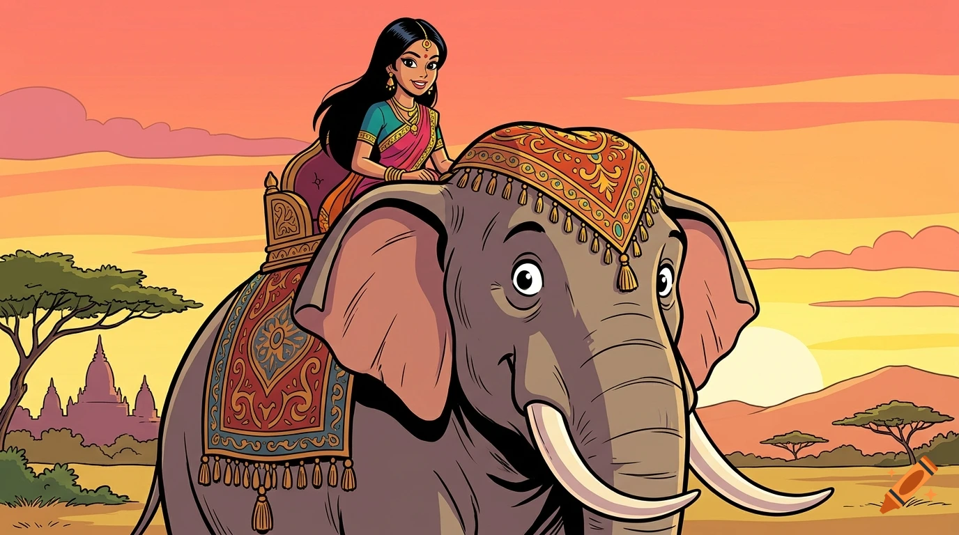 Comic book style illustration of a woman riding an elephant during a sunset with temples in the background.