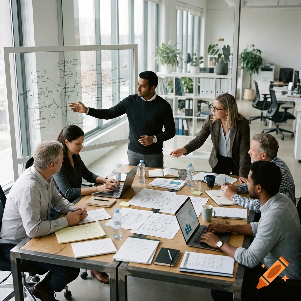 A diverse group of colleagues collaborating in a bright, modern office space, gathered around a large table with laptops and documents while a man points to a concept flowchart on a glass board.
