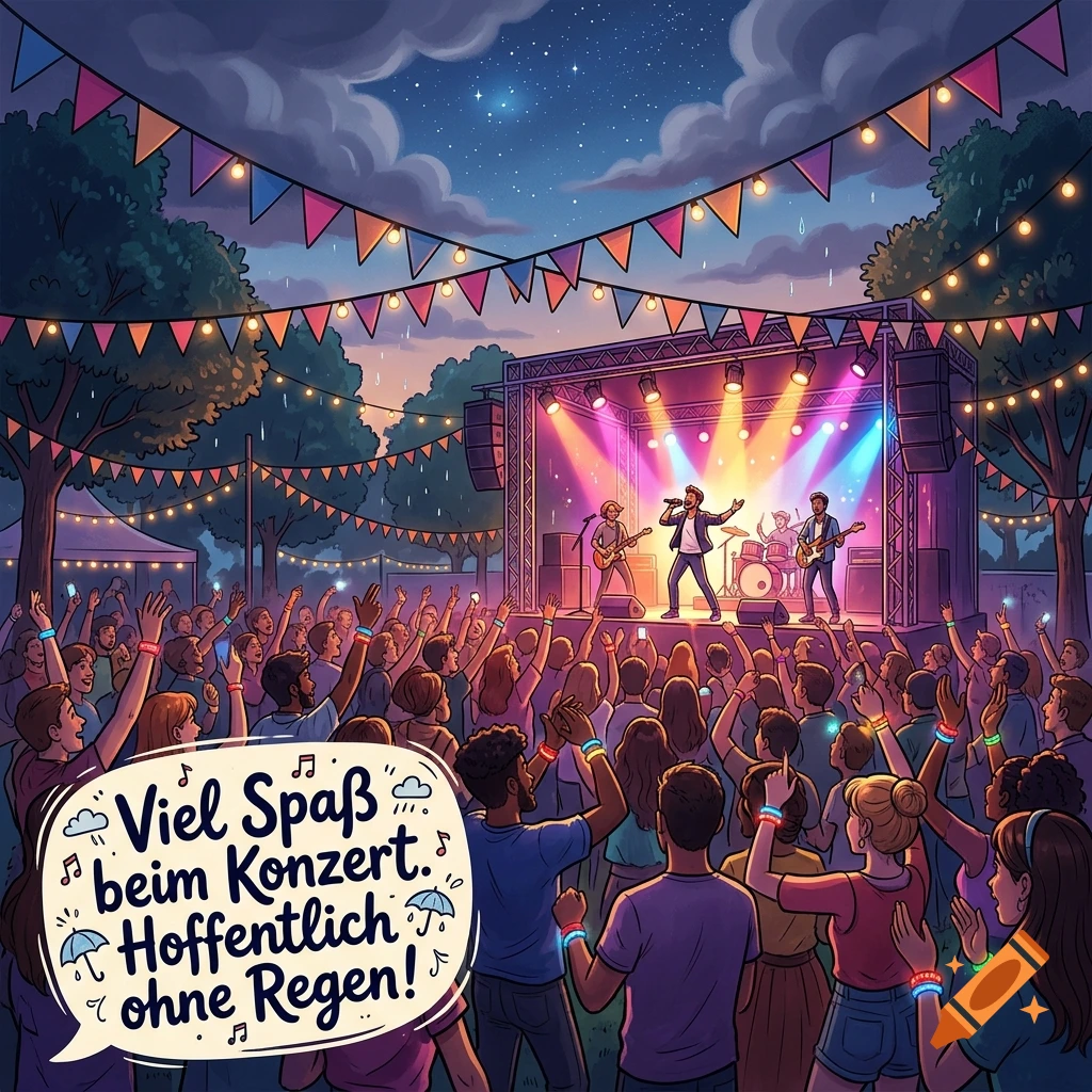 An illustration of a lively outdoor concert at night with a band on stage, a large crowd, and bunting lights.