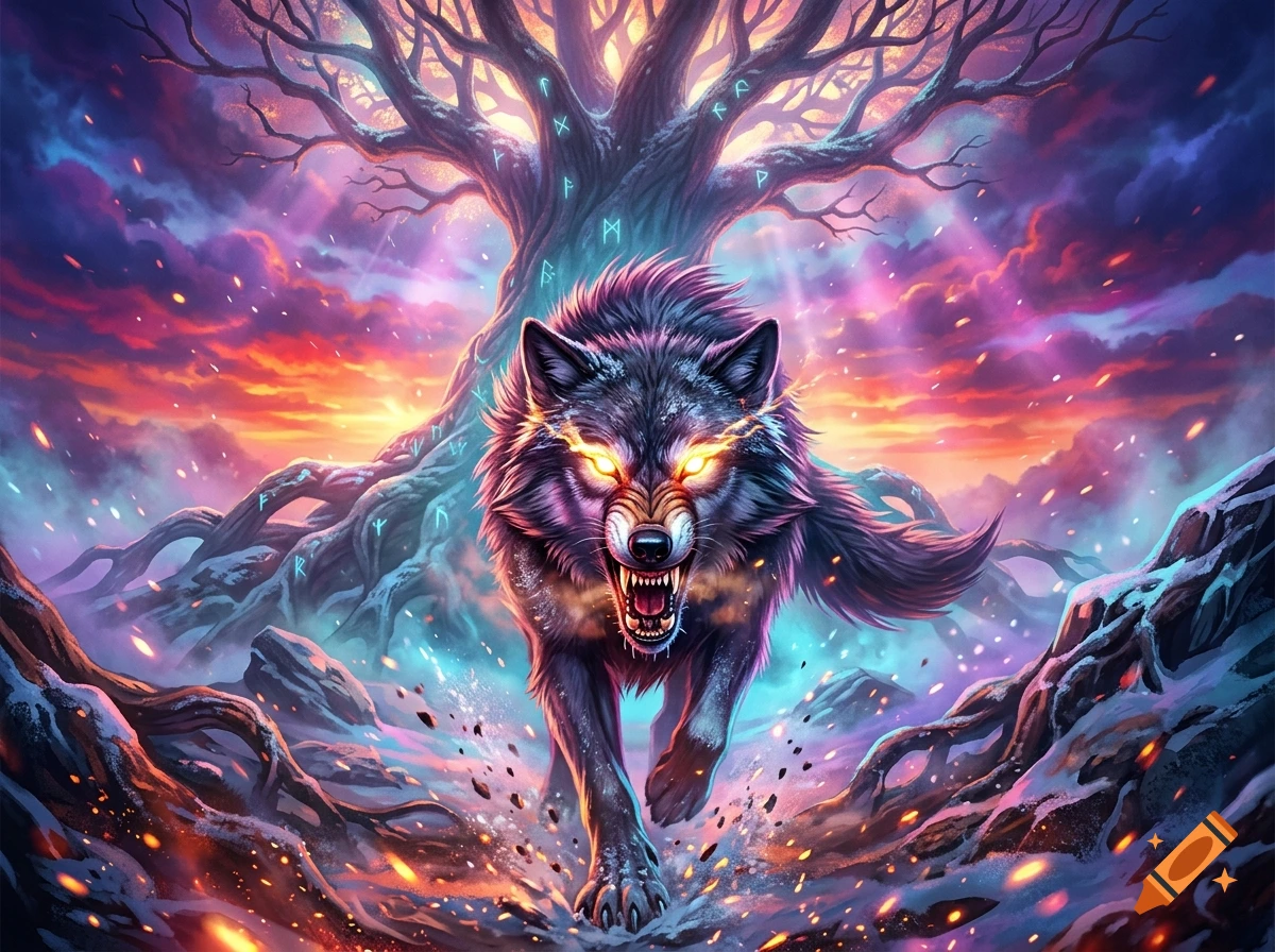 Fierce wolf with glowing eyes running towards the viewer in front of the Tree of Life under a neon-colored sunrise sky.
