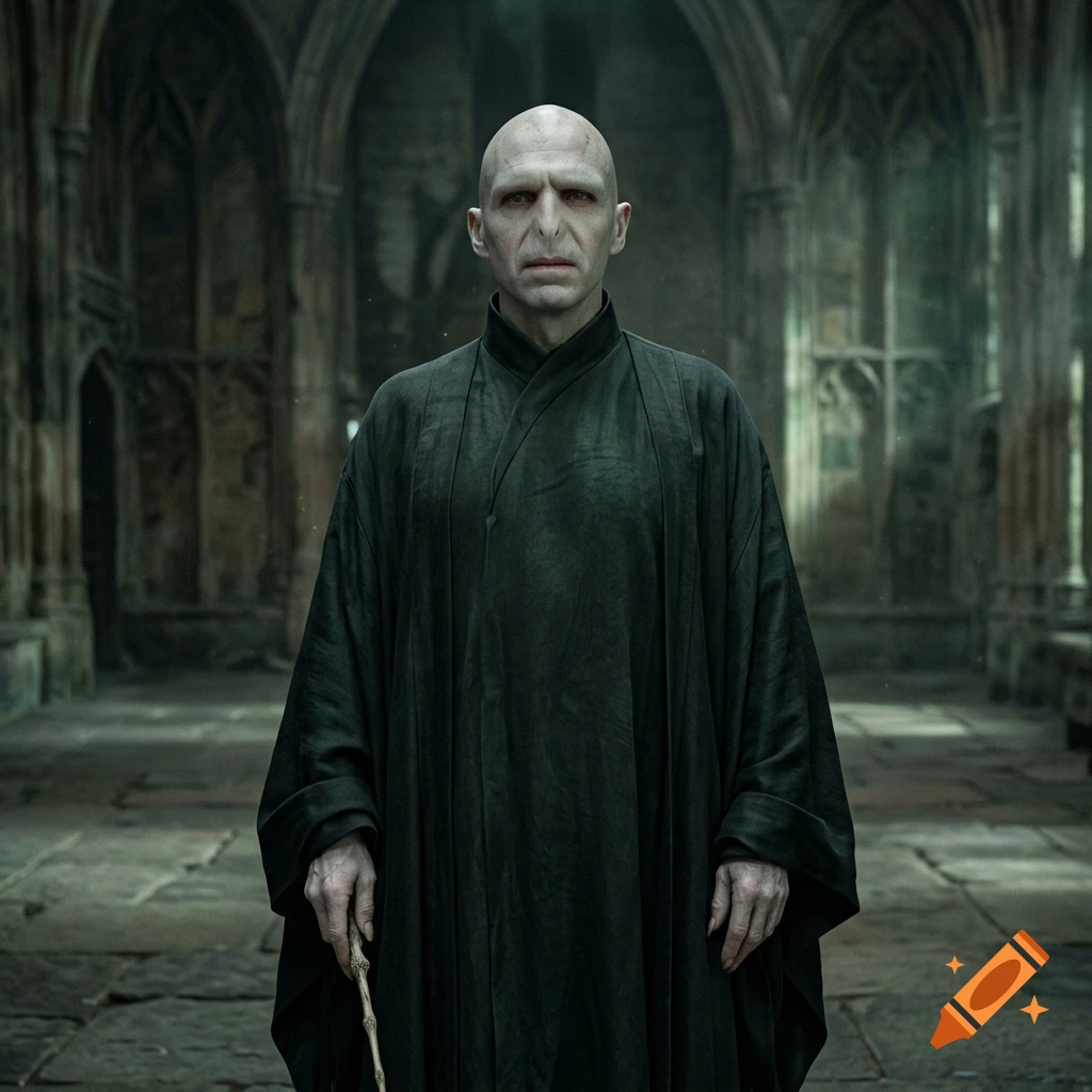 Lord Voldemort holding a wand in a gothic stone cathedral, photorealistic.