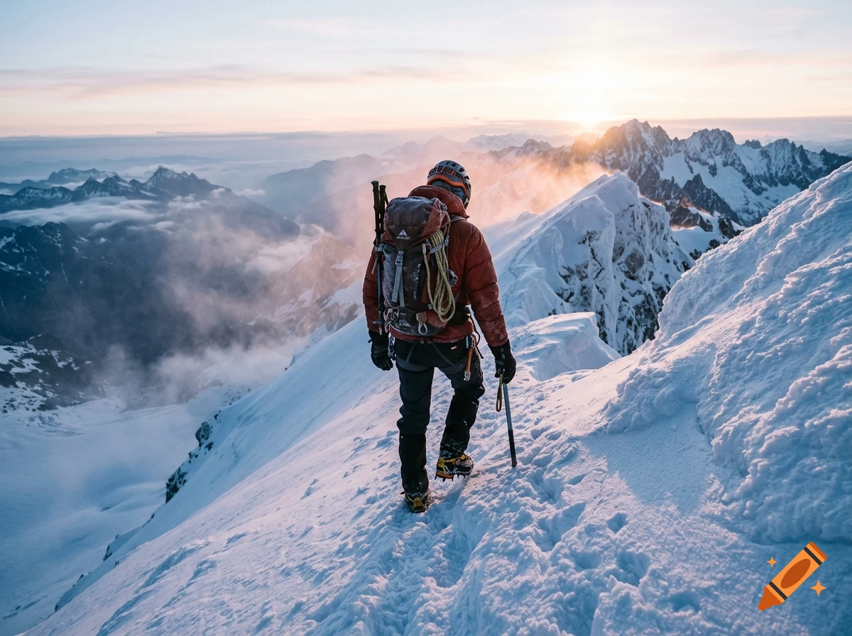 Photorealistic image of a mountaineer walking on a snowy ridge at sunrise with mountain peaks in the background.