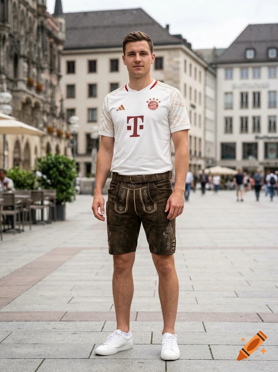 A man wearing a white soccer jersey and brown lederhosen stands in a city square.