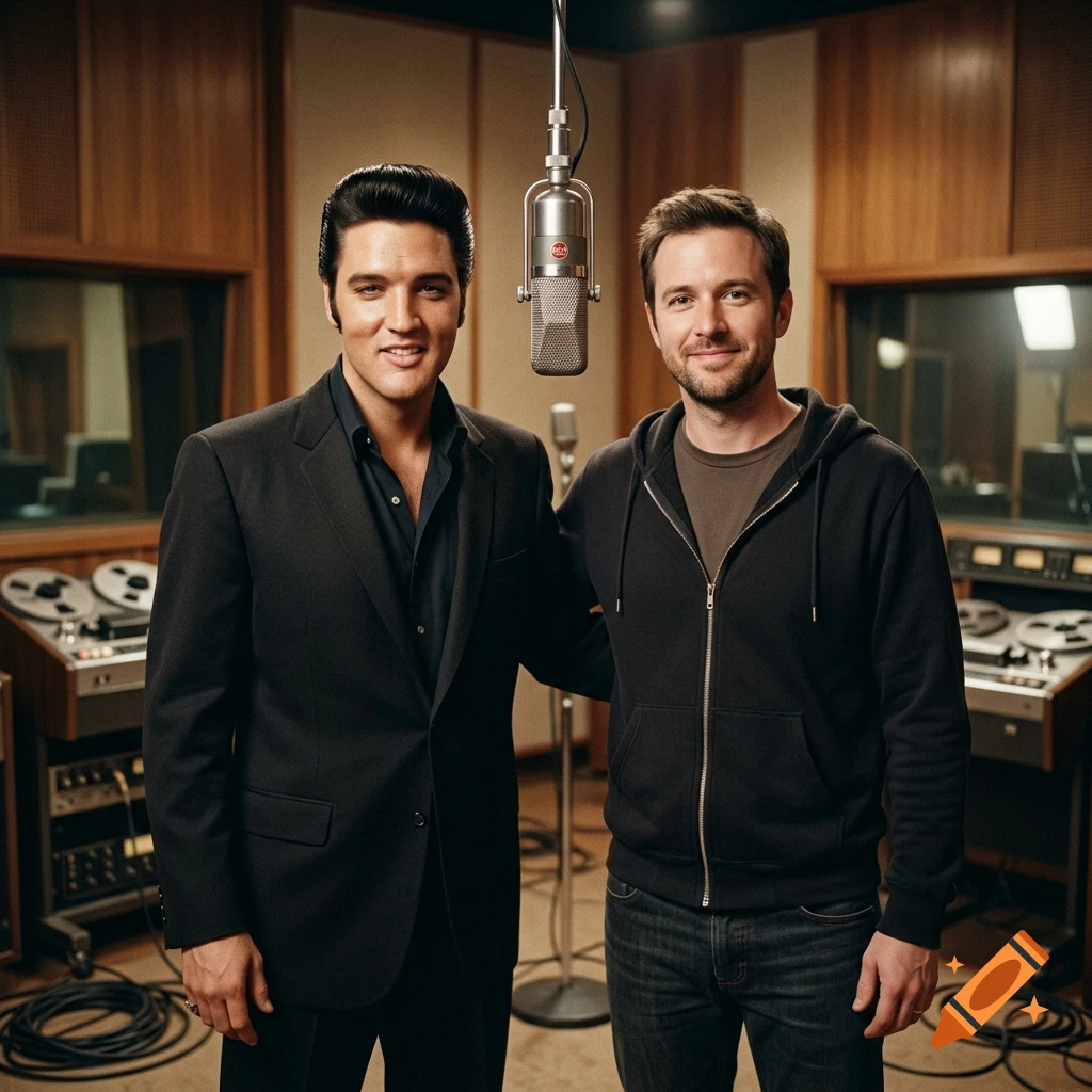 Photorealistic image of Elvis Presley and a modern man in a vintage recording studio standing next to a microphone.
